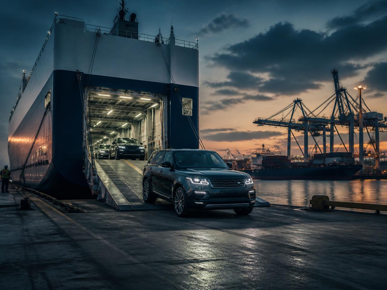Viatura de luxo a desembarcar de um navio de transporte de veículos num porto ao entardecer